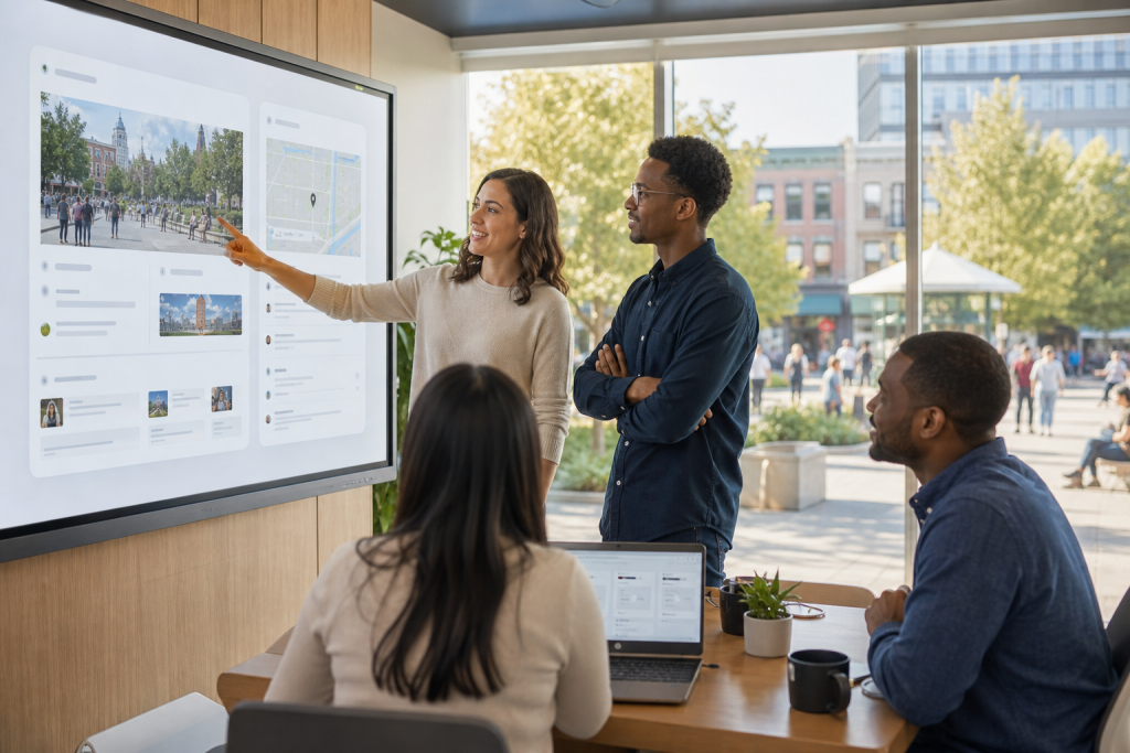Team reviewing a digital presentation on a large screen in a bright office